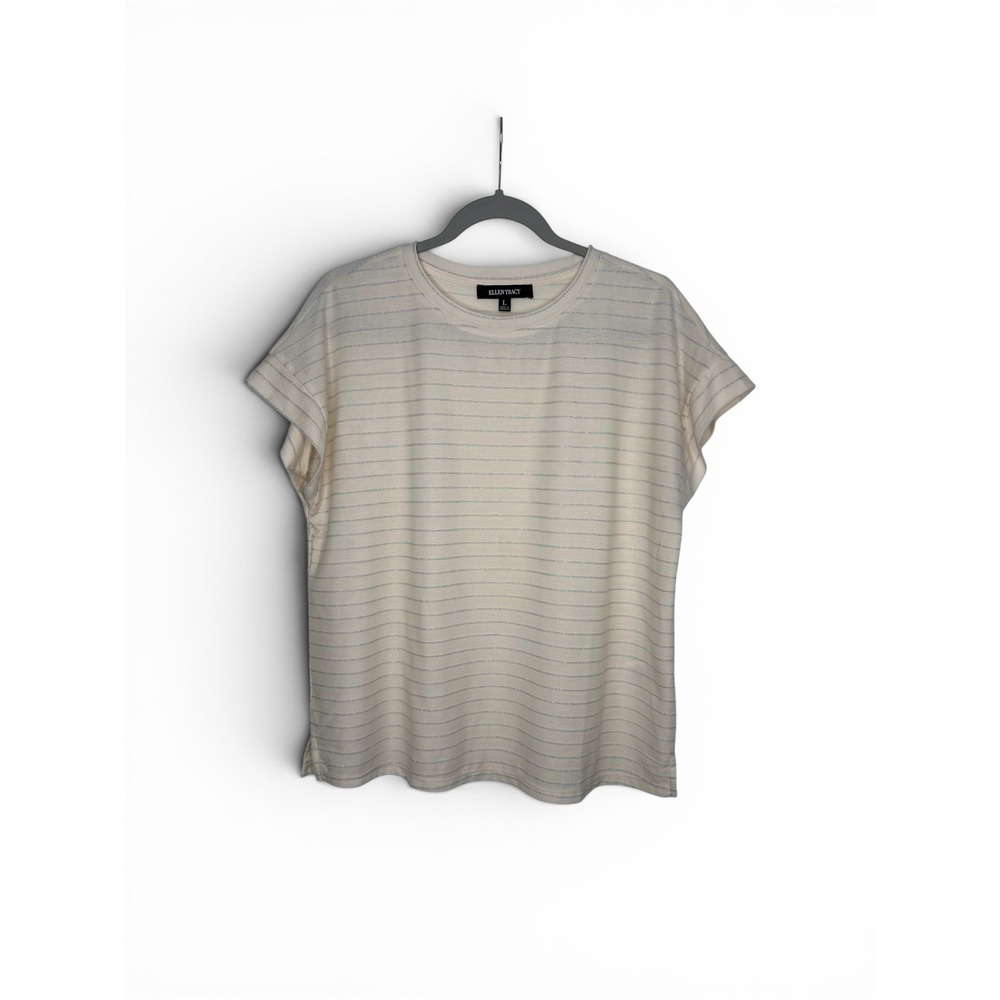 Ellen Tracy Womens Top L White Silver Metallic Stripe Short Sleeve Cuffed Shirt